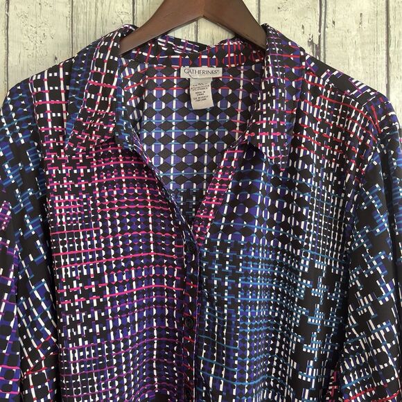 Catherines Womens Dark Geometric Button Up Top Size 3X 3/4 Sleeve Stretch Office - Picture 2 of 11